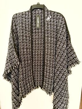 Karl Lagerfeld Black and White Bouclé Fringe Poncho